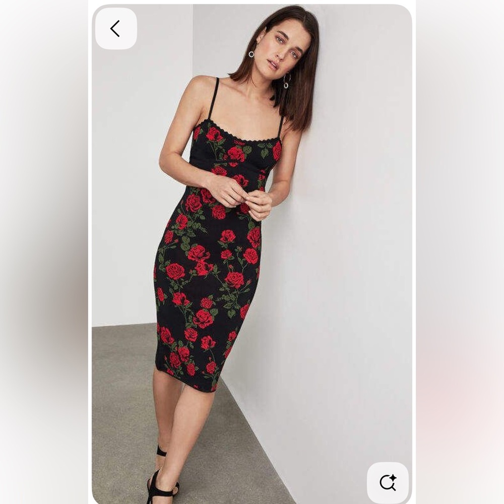 BCBGMaxAzria Black Midi Dress with Red Rose Print